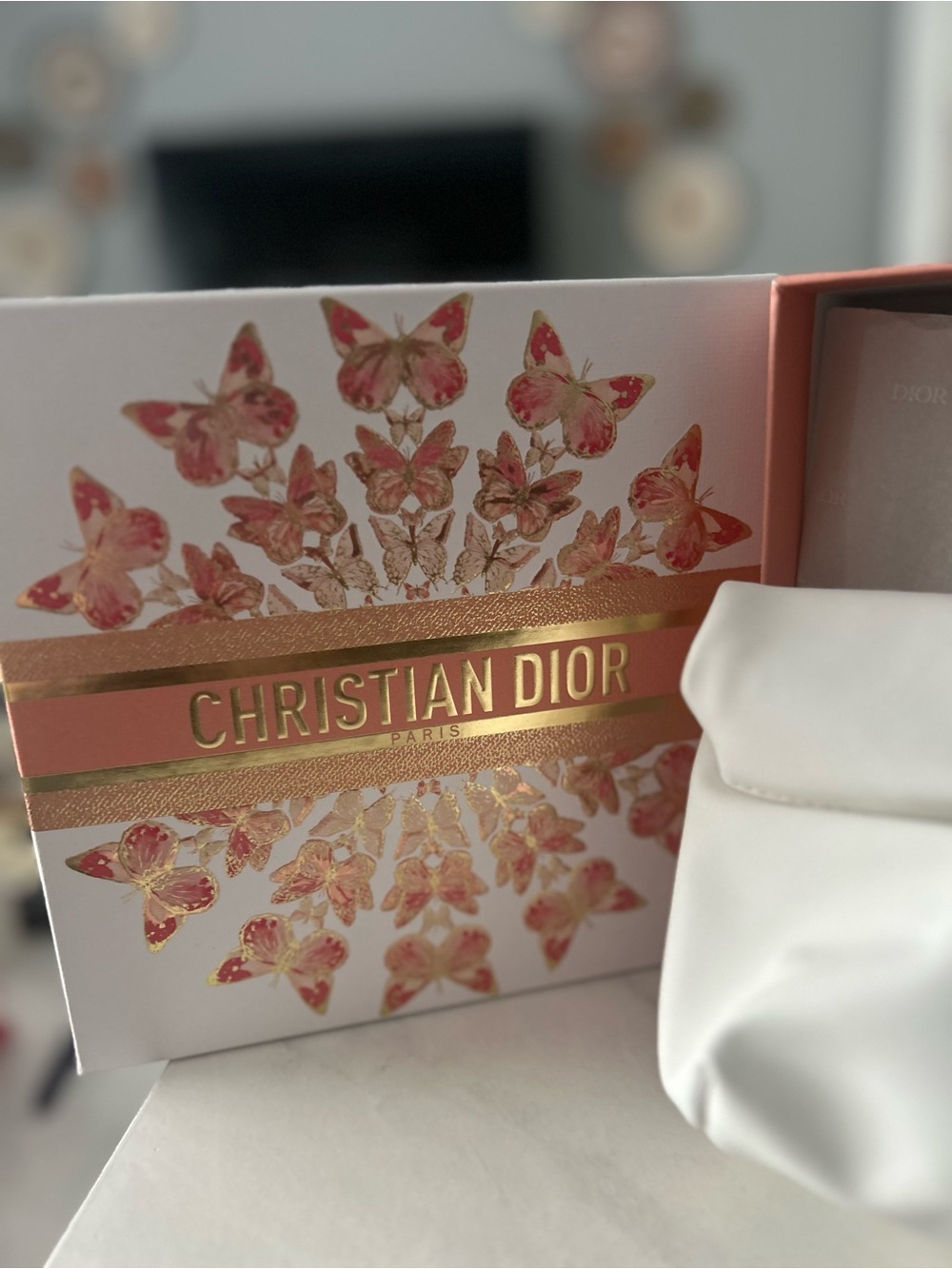 Dior White Cosmetic Makeup Bag + Butterfly Gift Box & Packaging Set